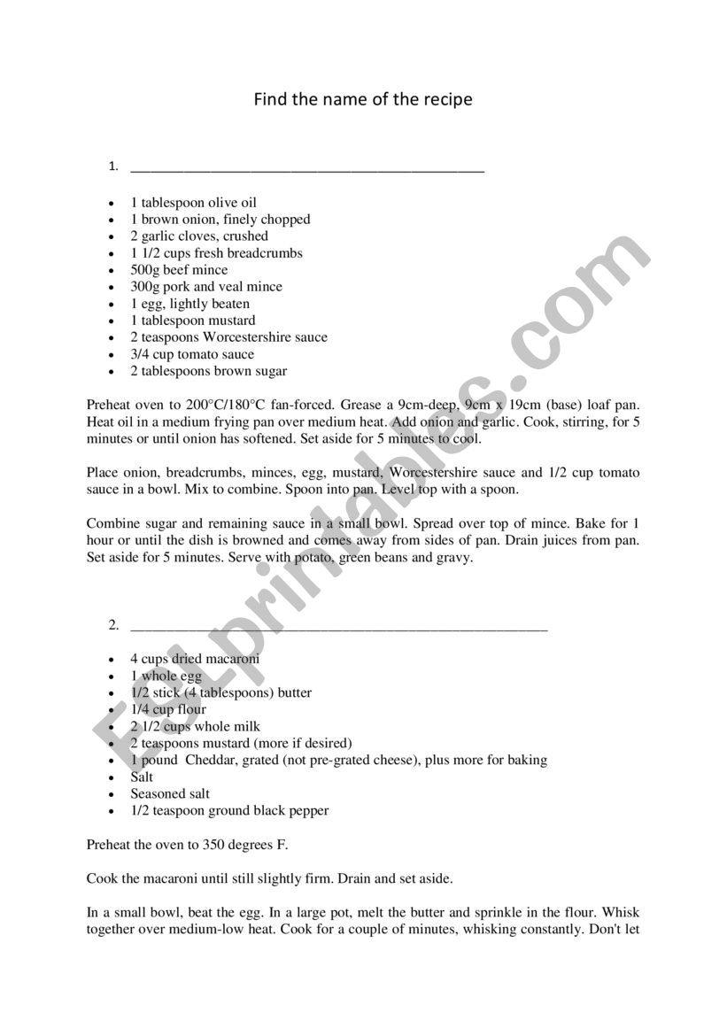 American recipes worksheet