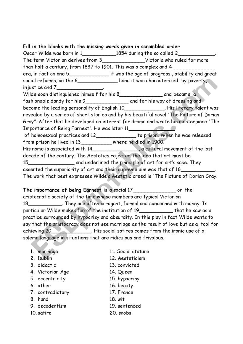 oscar Wilde exercises worksheet