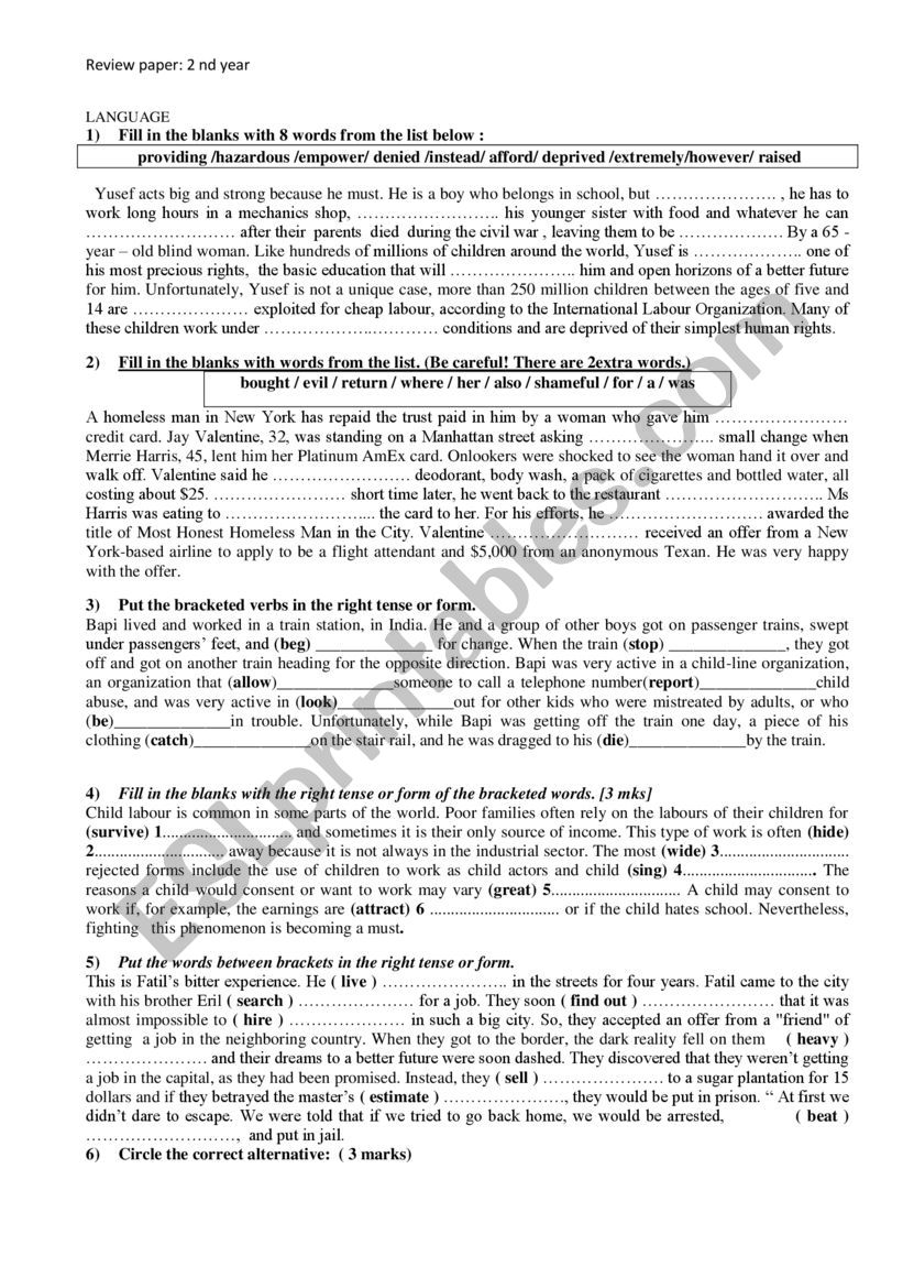 2 nd year review papers worksheet