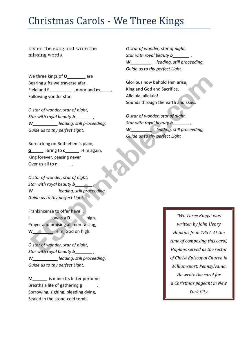 Christmas carol gap filling worksheet