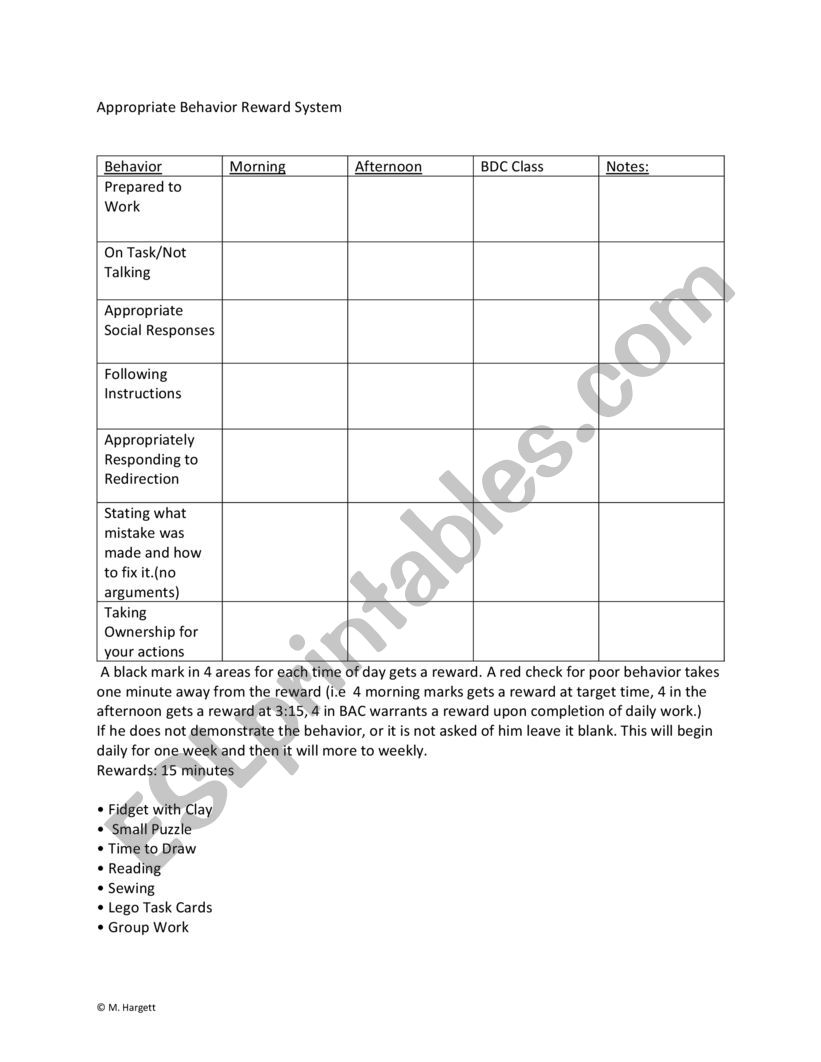 PBIS daily behavior management chart