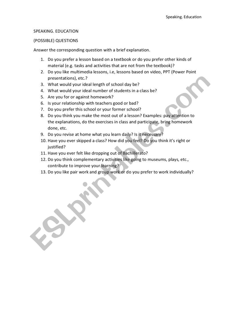 SPEAKING. EDUCATION worksheet