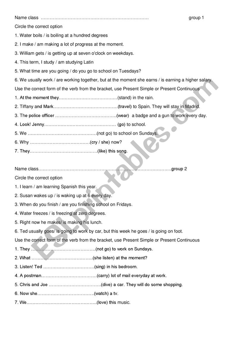 Present Simple vs Present Continuous quiz 2 groups