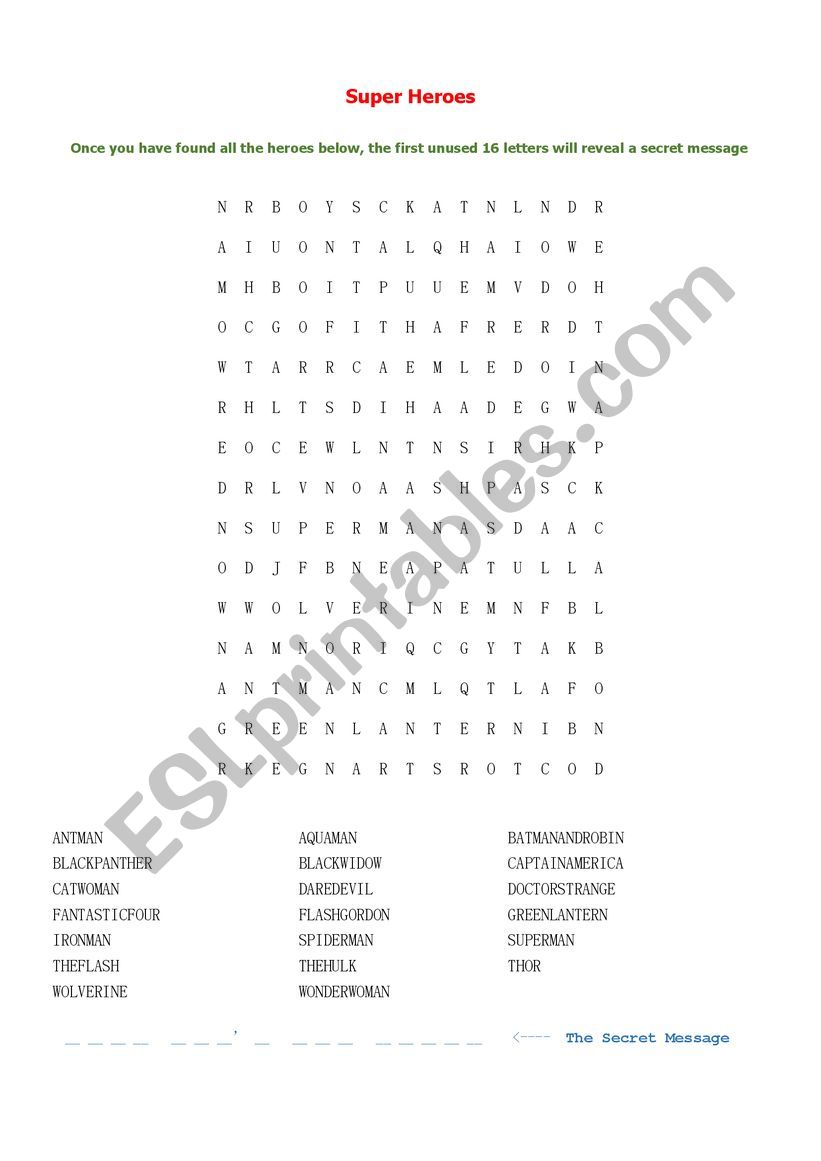 Super heroes word search worksheet