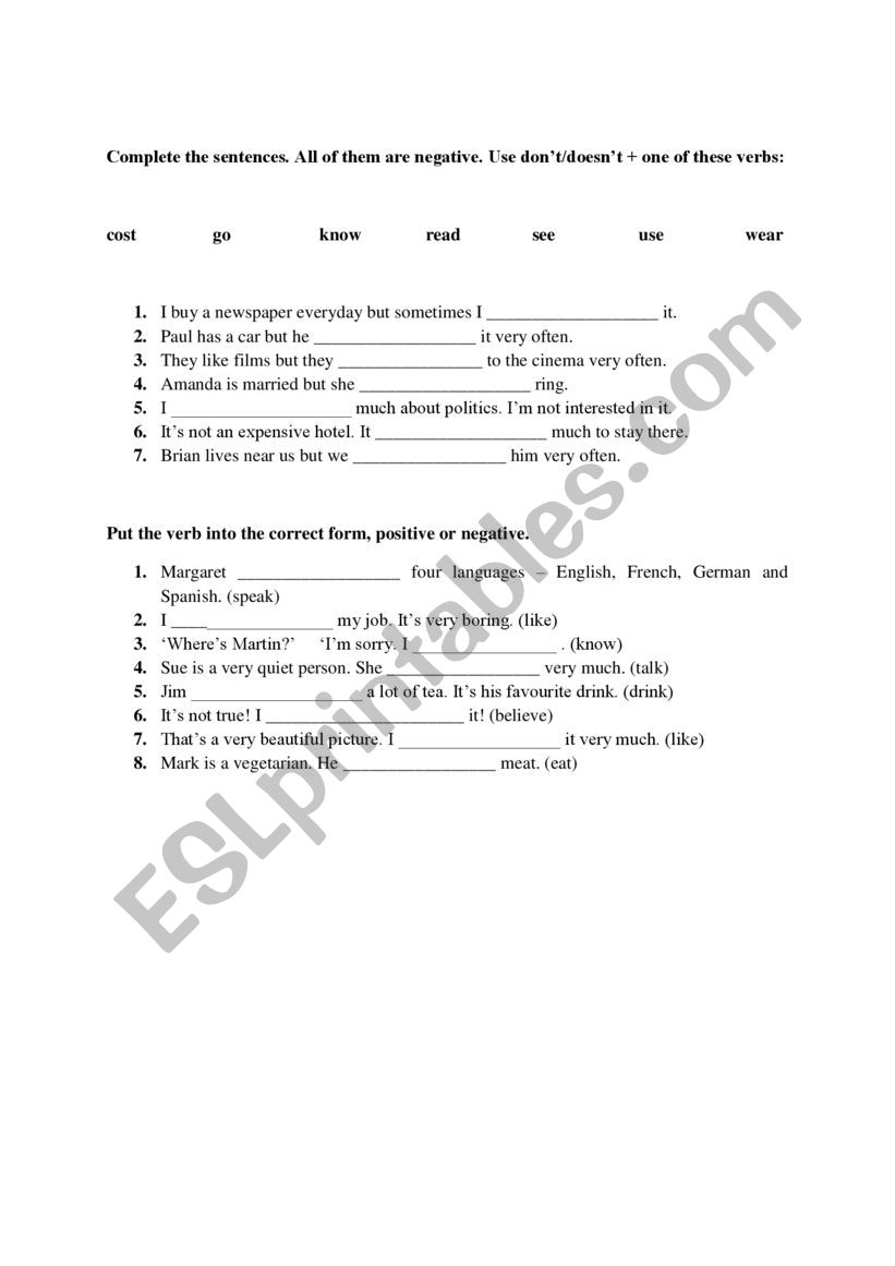 Simple Present Worksheet worksheet