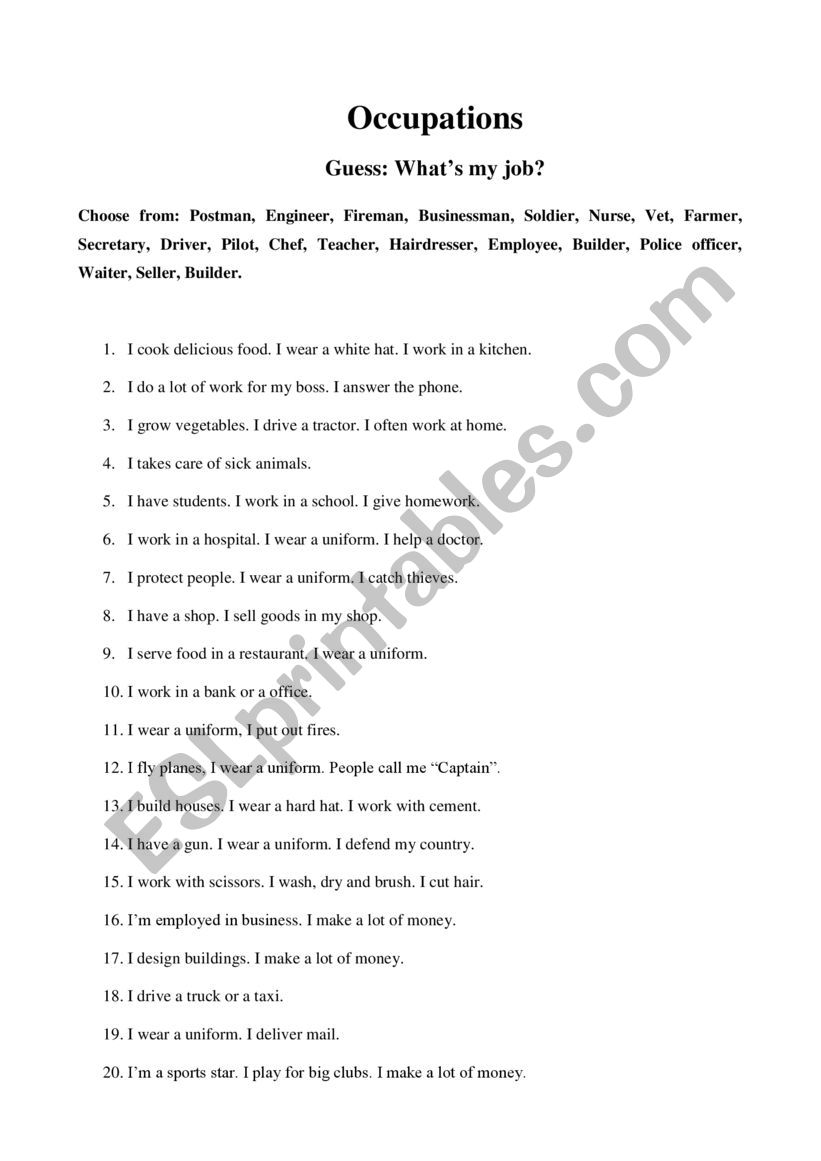 Occupations, Guessing game worksheet