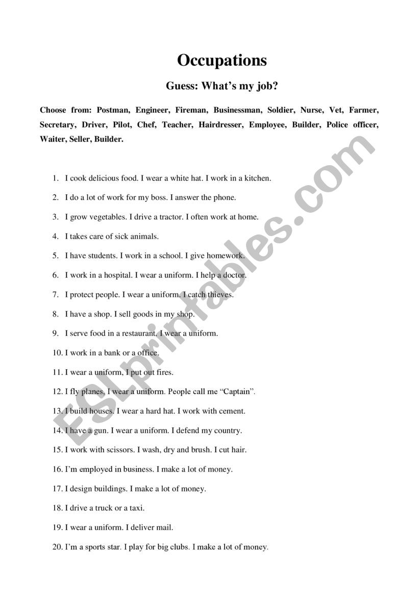 Occupations, Guessing game worksheet