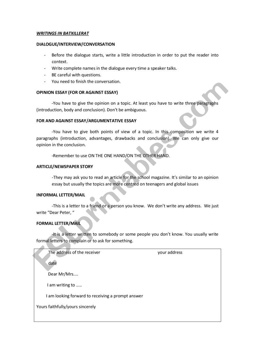 Writings for selectivitat worksheet