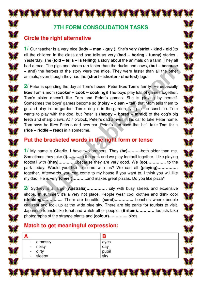 7th form consolidation tasks worksheet