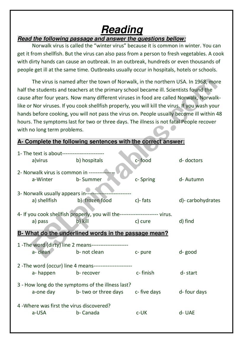 Reading worksheet