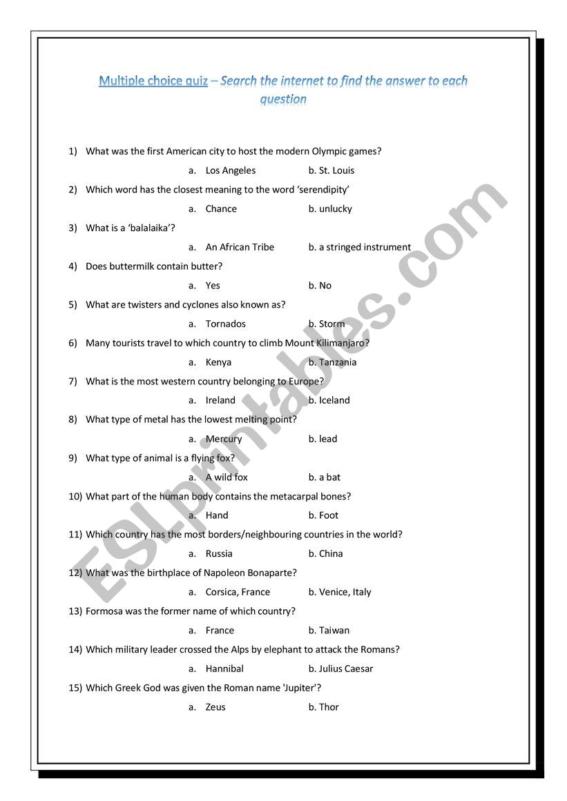 Multiple choice general knowledge trivia/internet research - ESL worksheet  by nadya33
