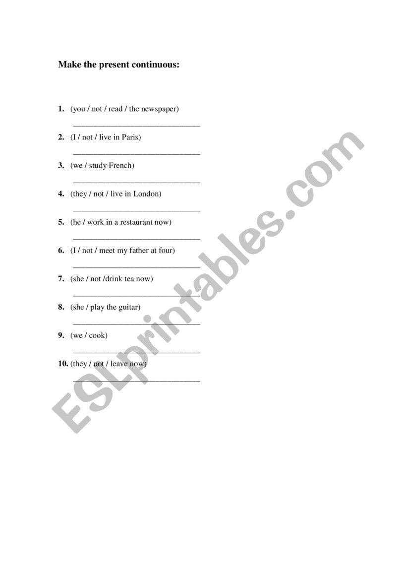 Present Continuous Worksheet worksheet