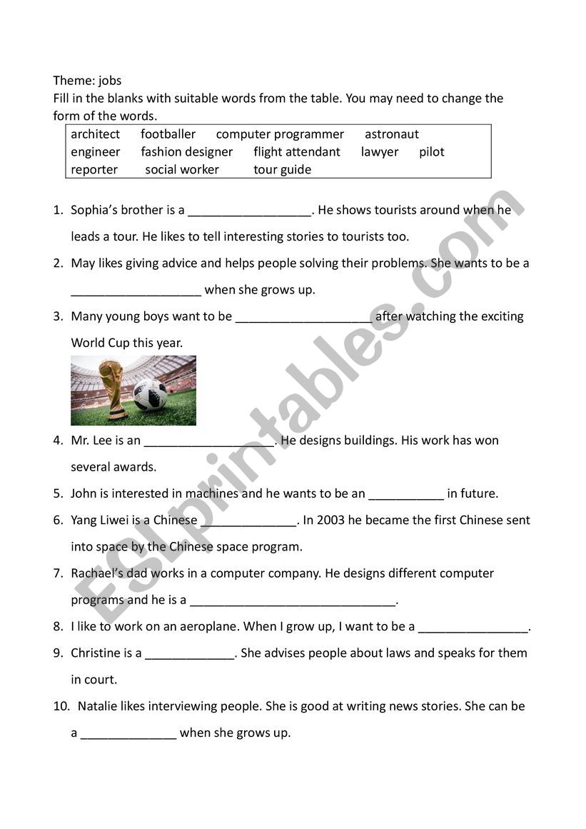 vocabulary about jobs worksheet