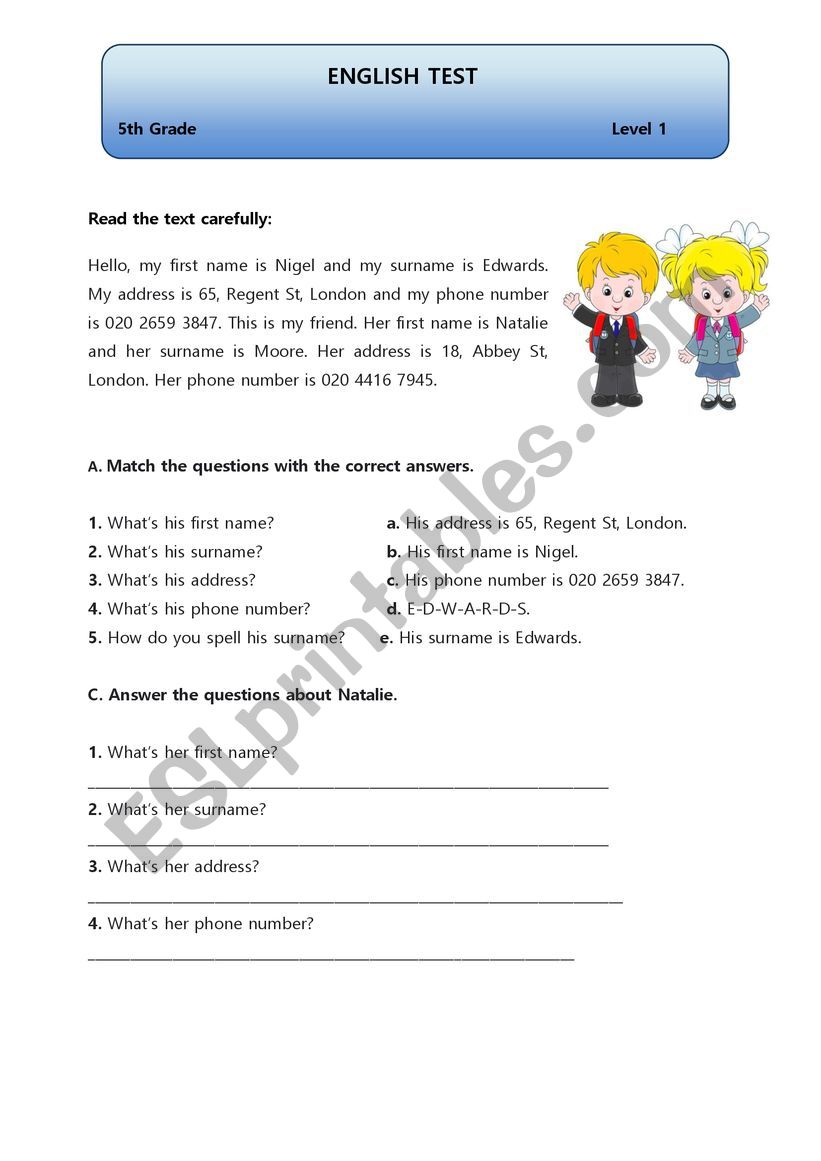 English Test 5th Grade Students ESL Worksheet By GoingBacktoEngland
