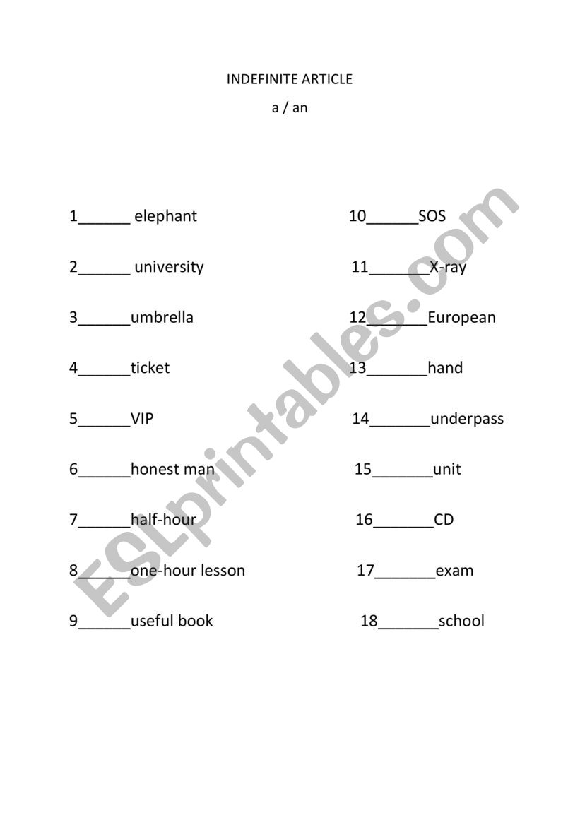 INDEFINITE ARTICLE A / AN worksheet