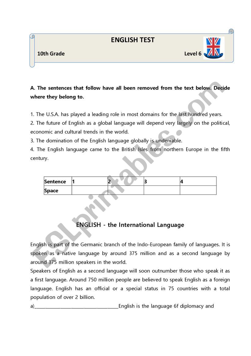 English Test -10th Grade Students