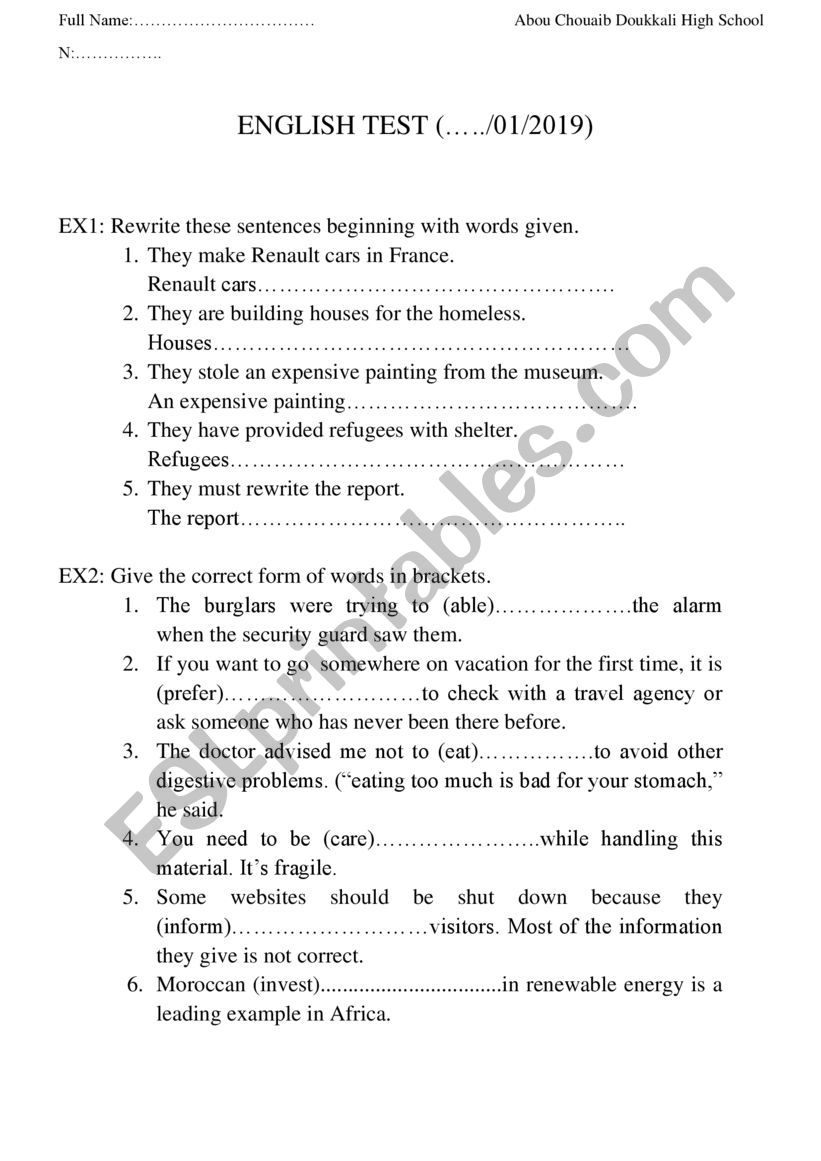 test worksheet