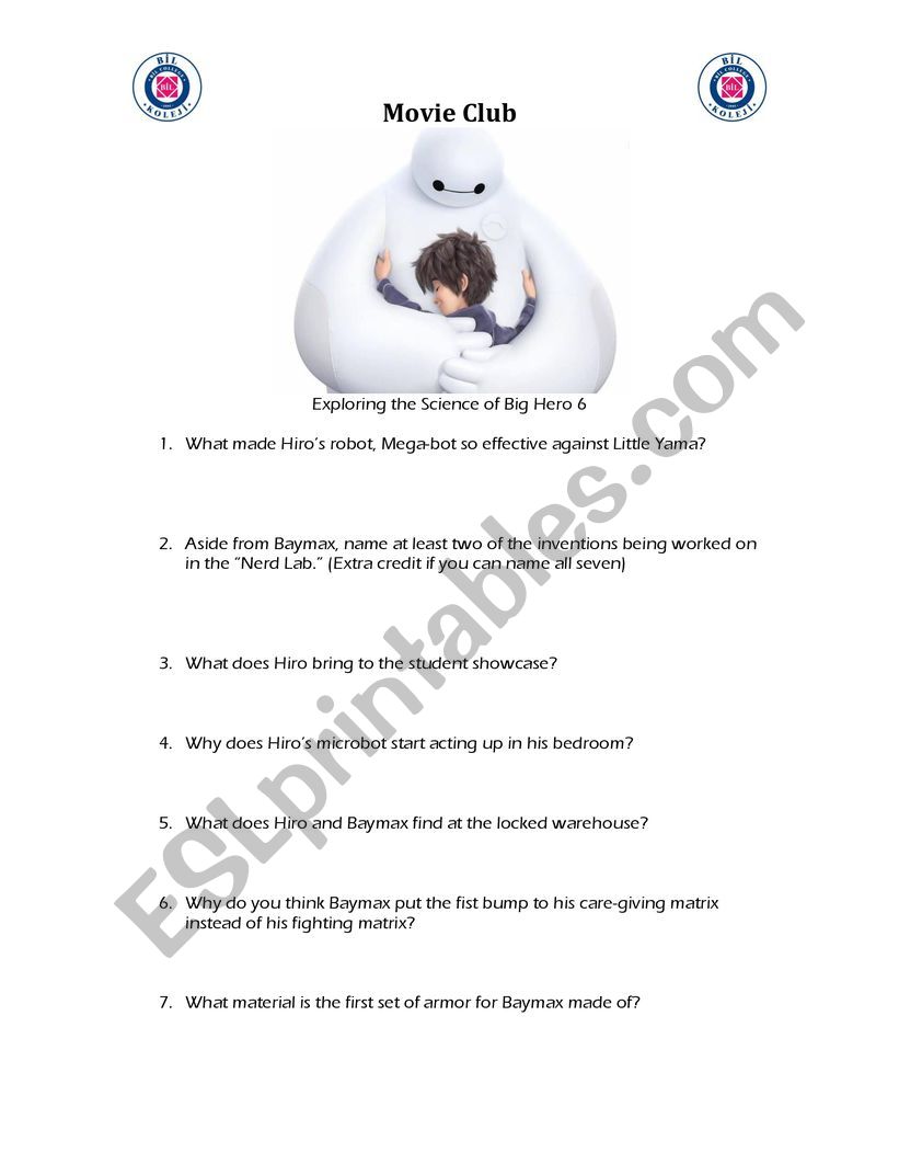 Big Heroes (Baymax) Movie Worksheet