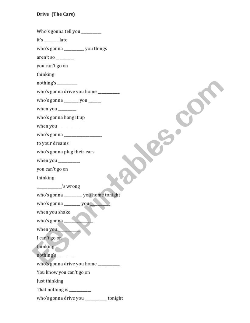 Drive - The Cars - Students Copy - Song Activity