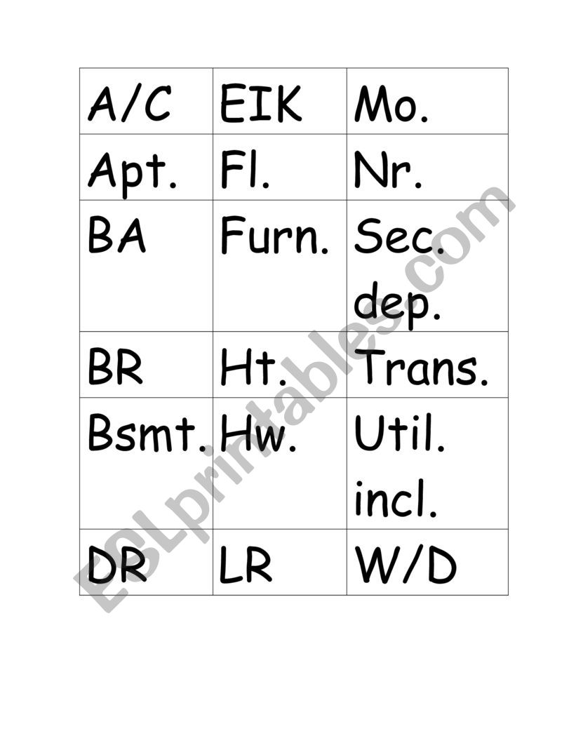 Housing Terms/Abbreviations worksheet