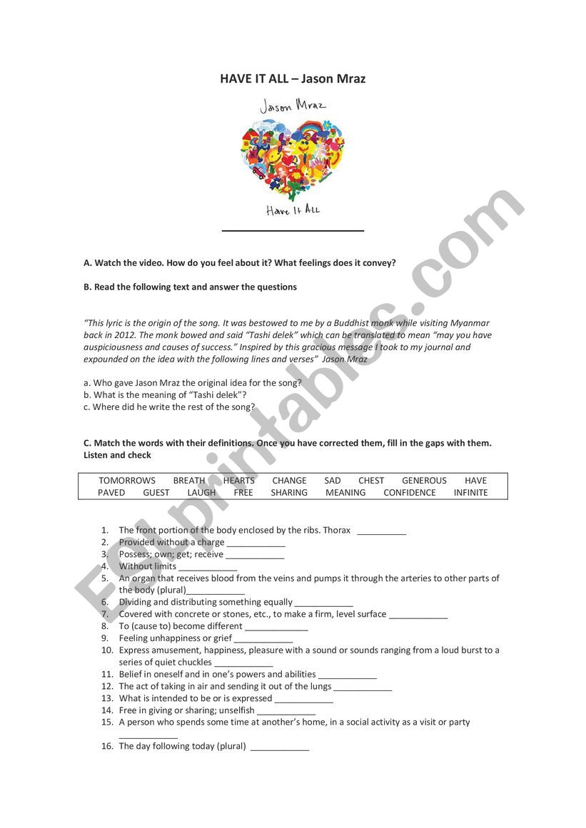 HAVE IT ALL Jason Mraz  worksheet