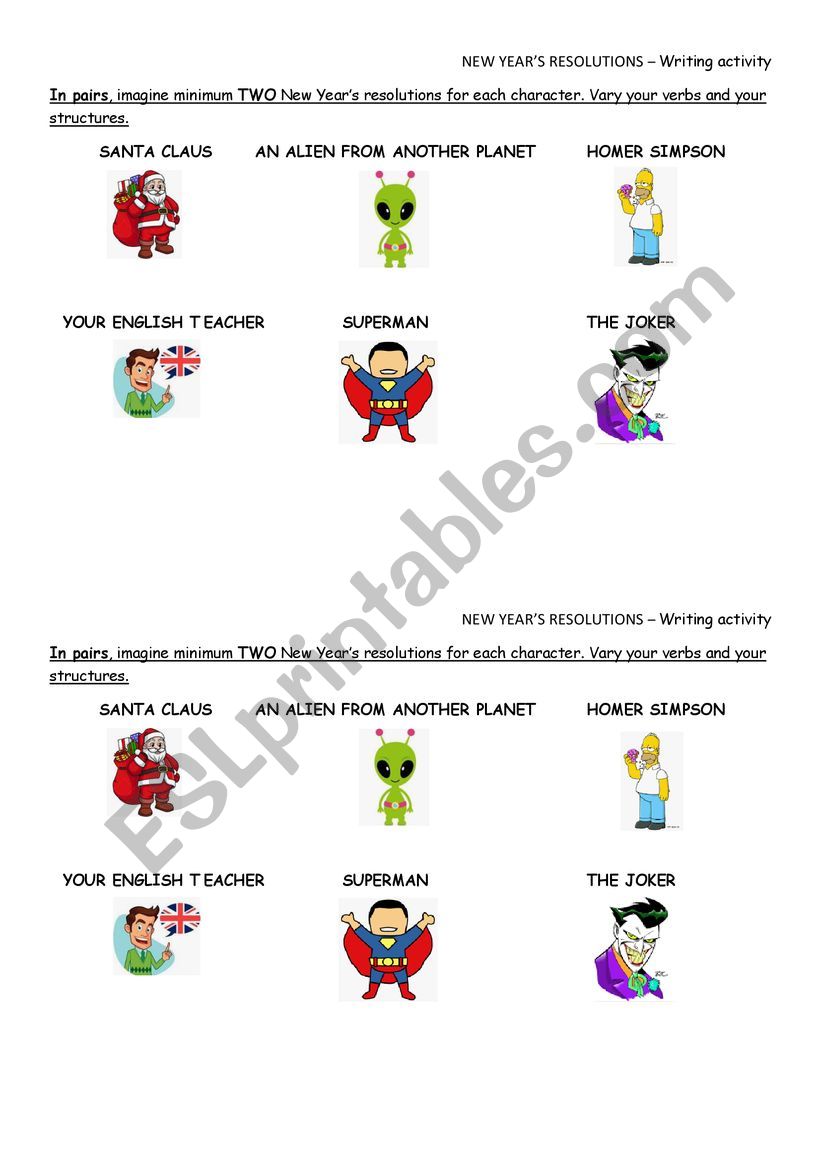 NEW YEARÂ´S RESOLUTIONS worksheet