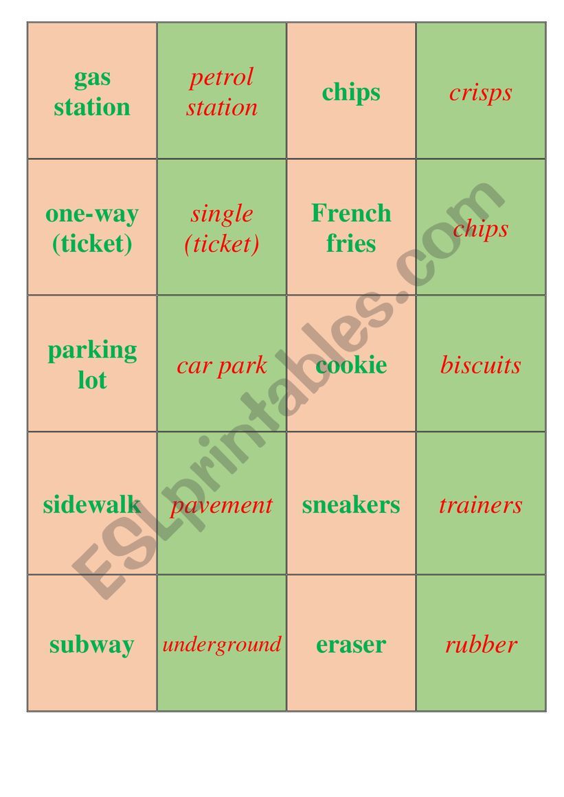 US English vs Br English (matching cards)