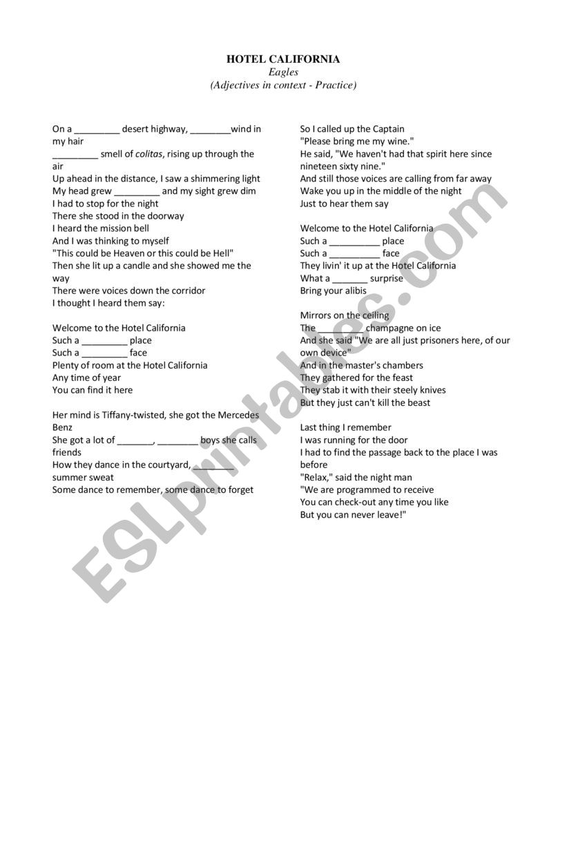 Song Lyrics - Hotel California 