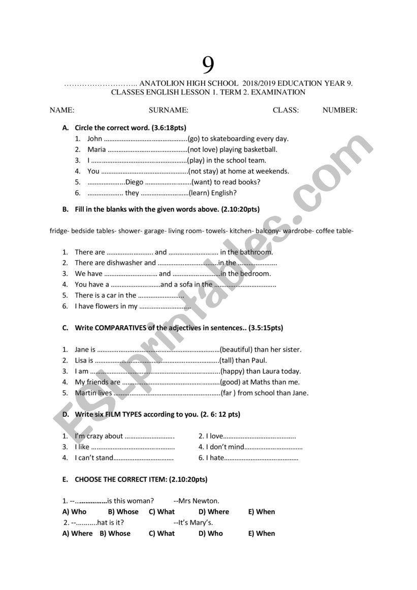 9. CLASS 1. TERM 2.EXAM  worksheet