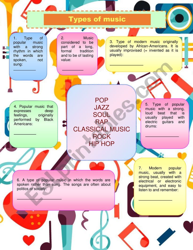 Стили песен на английском. Types of Music Worksheets. Музыкальные Жанры на английском. Виды музыки на английском. Types of Music ESL Worksheets.