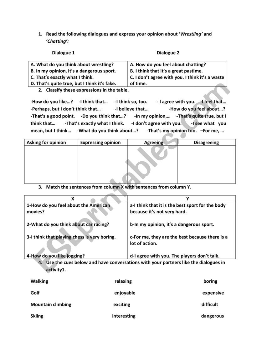 Asking for and giving opinion worksheet