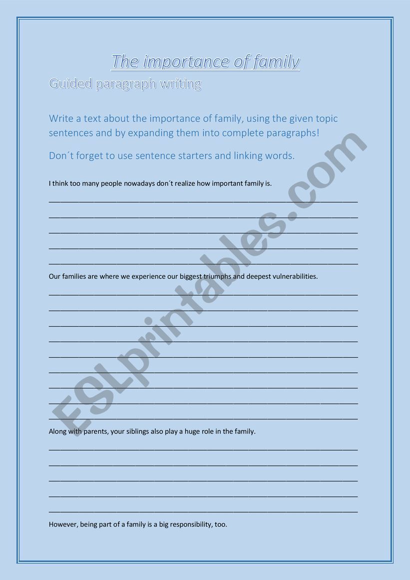 The importance of Family worksheet