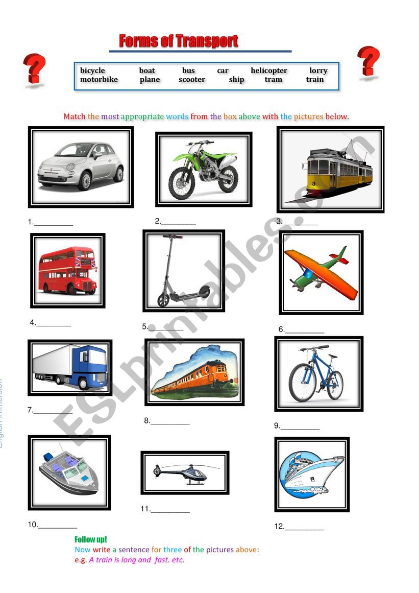 Forms of Transport worksheet