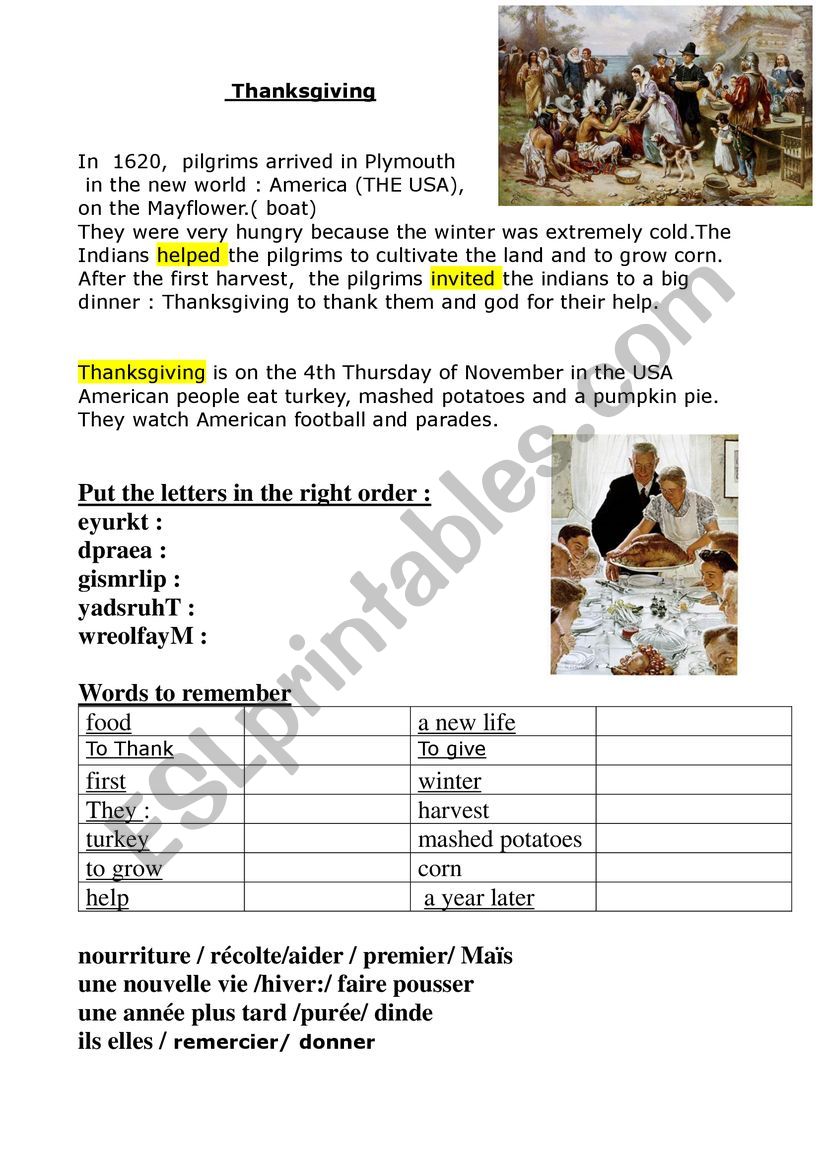 Thaksgiving worksheet