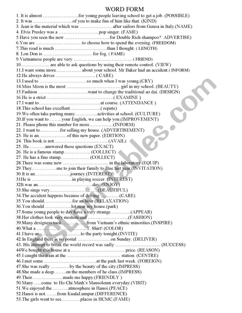 WORD FORM worksheet