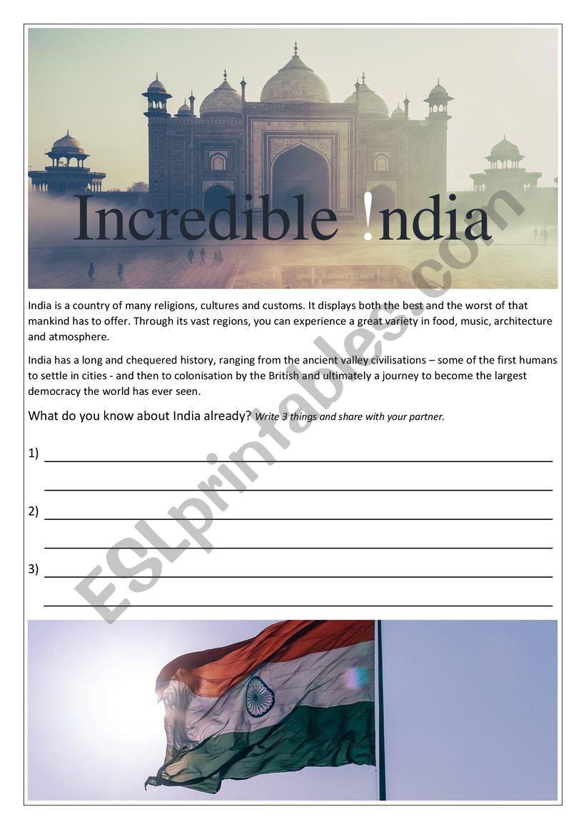 Introduction to India - worksheet series 1 of 3