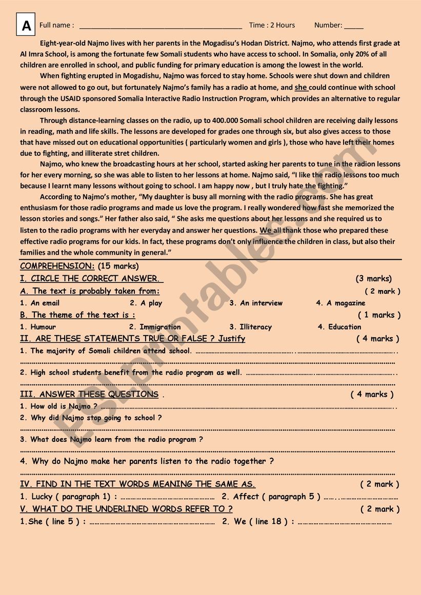 Global test second year bac first semester ticket to English 