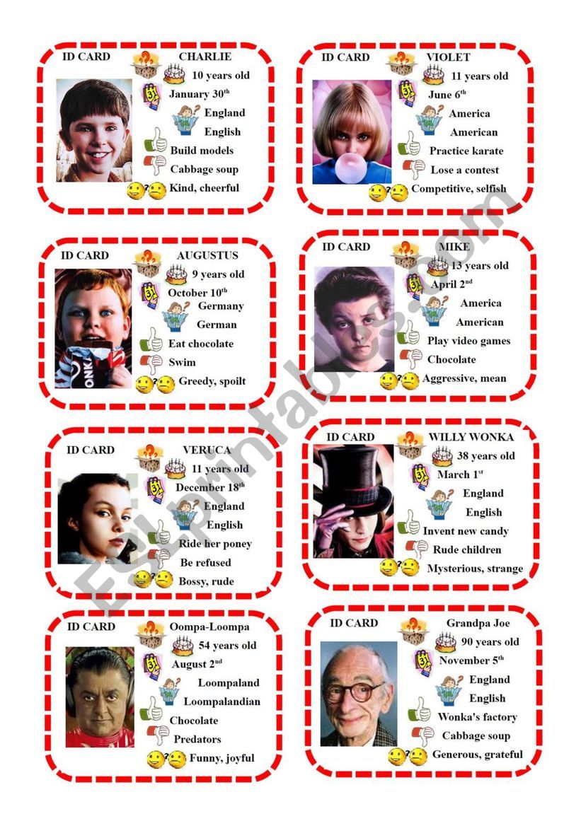 Charlie and the chocolate factory - Pairwork cards + Final Task