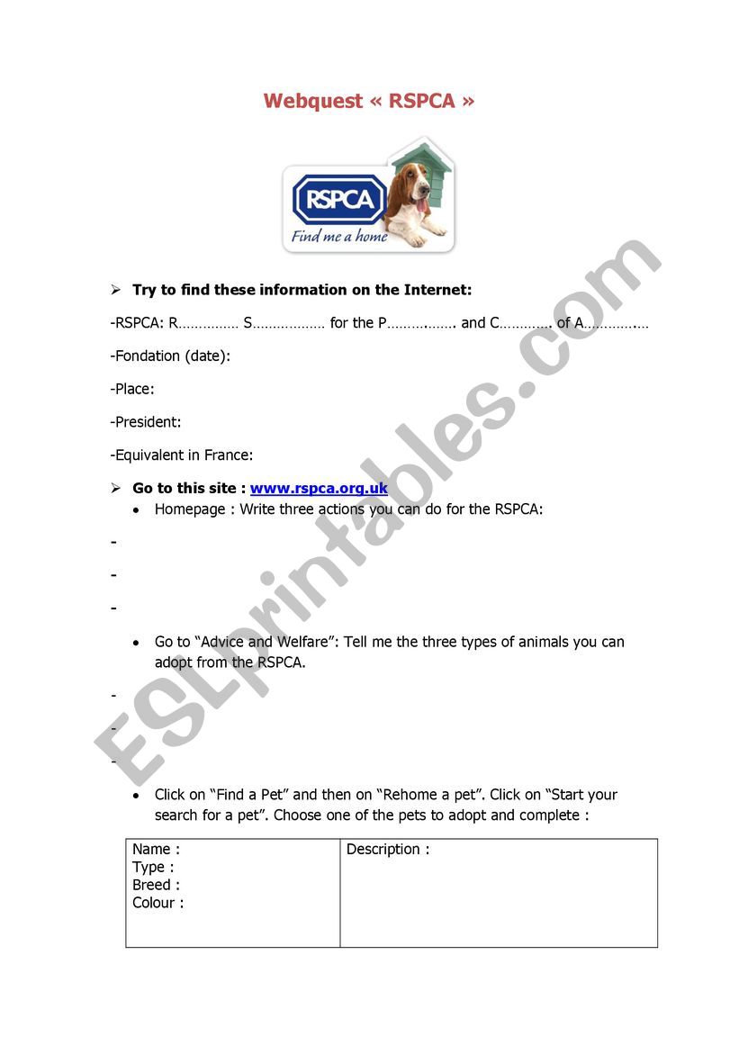 Webquest RSPCA worksheet