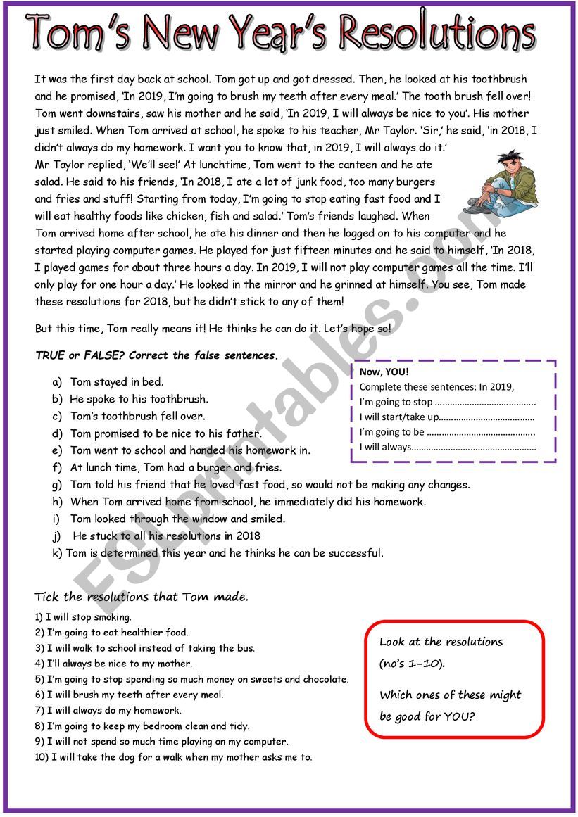 Toms New Years Resolutions worksheet