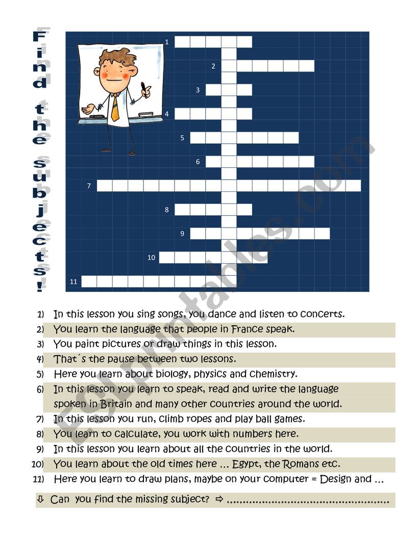 school subjects crossword worksheet