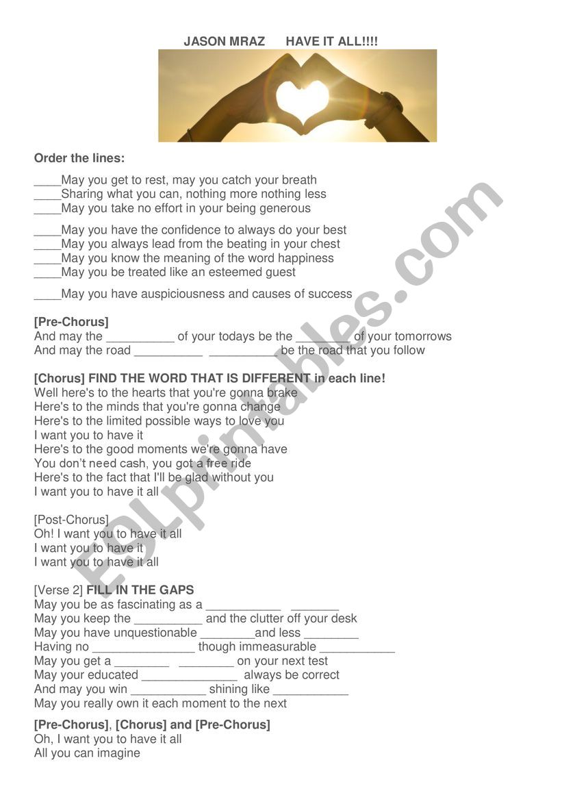 Have it all by Jason Mraz worksheet