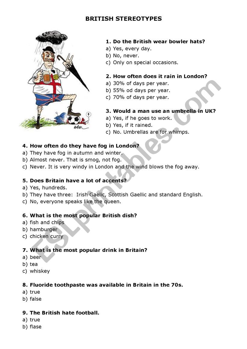 British stereotypes quiz worksheet