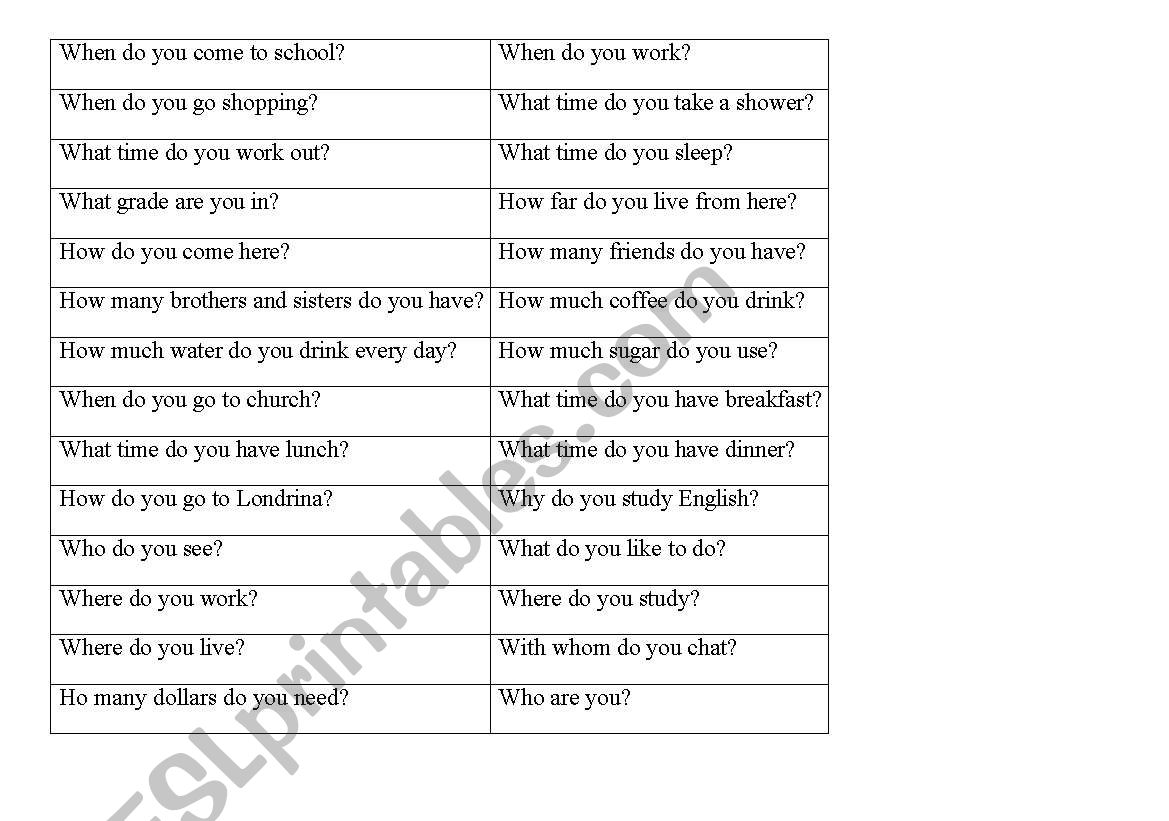 basic questions worksheet