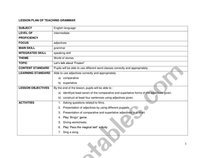 Grammar lesson plan worksheet