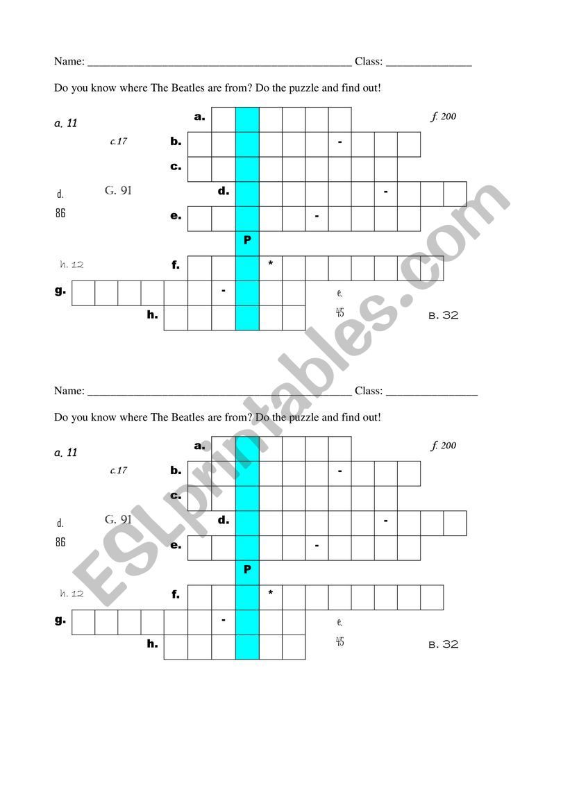 Crosword puzzle with numbers worksheet