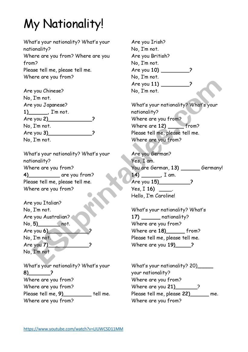 WhatÂ´s Your Nationality Song Gapfil