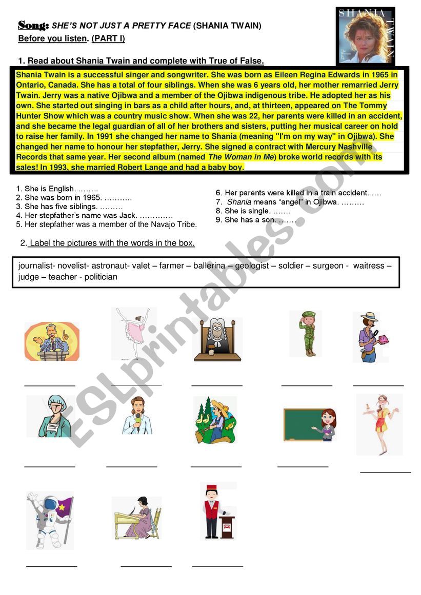 Song by Shania Twain - she´s not just a pretty face- PART I before you listen: Reading and vocabulary