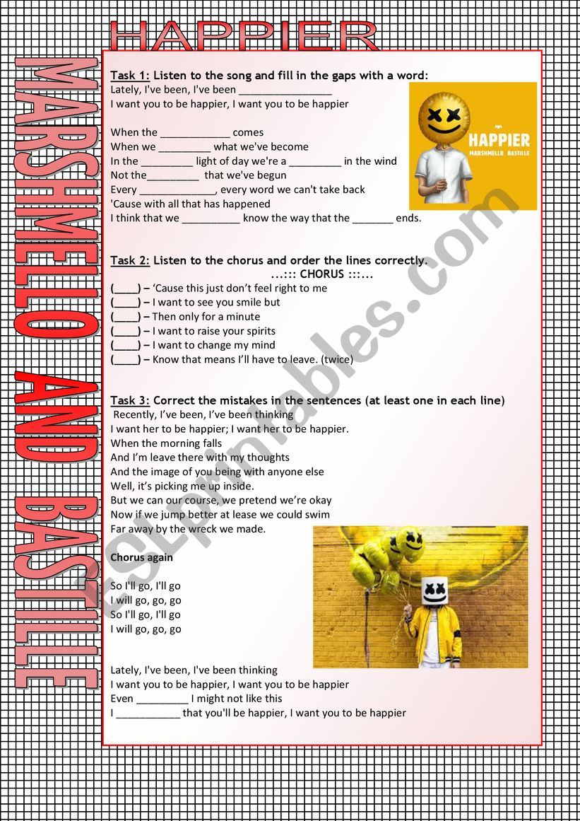 Happier Marshmello And Bastille Esl Worksheet By Angiec4
