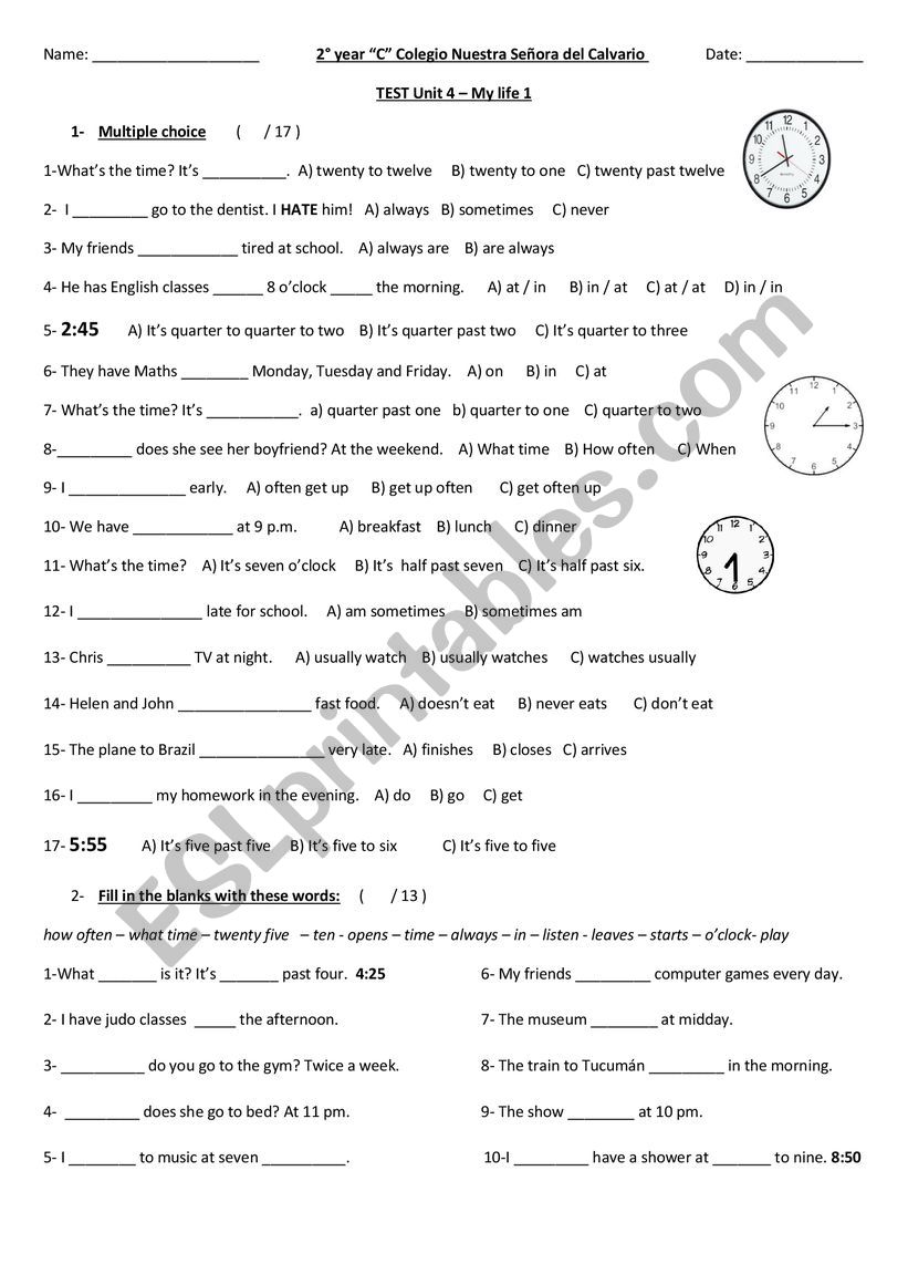 Test Unit 4 - My Life 1 worksheet